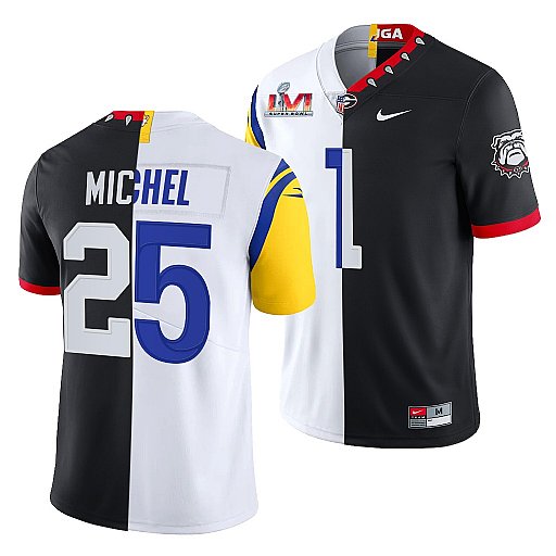 Men's Los Angeles Rams X Georgia Bulldogs #25 Sony Michel Black/White Split Stitched Jersey